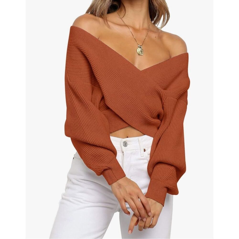 NEW~ Wrap V Neck Cropped Sweaters lCross Front Off Shoulder Knit M
